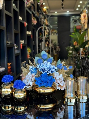 TASARIMHMODA Yapay Çiçekli Gold Yassı Vazo 5 Parça Set No:1