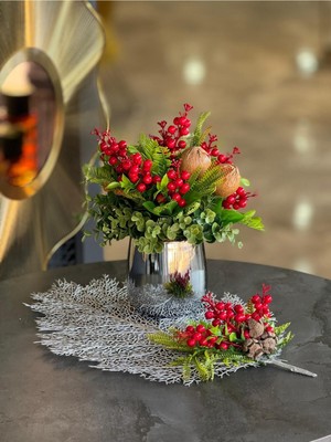 TASARIMHMODA Yapay Kırmızı Kokinalı Gümüş Vazo + Gümüş Yaprak Supla