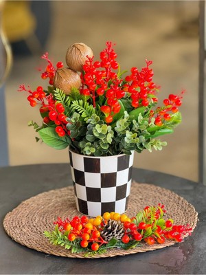 TASARIMHMODA Yapay Turuncu Kokinalı Damalı Seramik Vazo + Hasır Supla