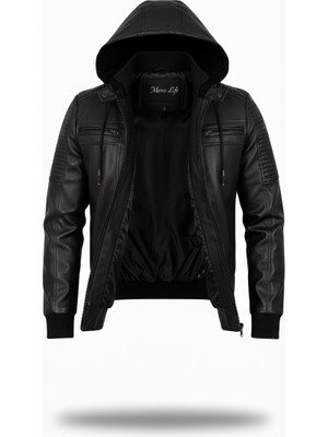 Mero Life Erkek Siyah Dar Kesim Kapüşonlu Bel Lastikli Ribanalı Deri Ceket & Mont