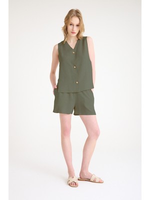 Keten Yazlık Dekolteli Kolsuz Bluz Şort Haki Ikili Takım