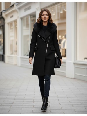 Kadın Kürklü Kaşe Kışlık Siyah Kaban