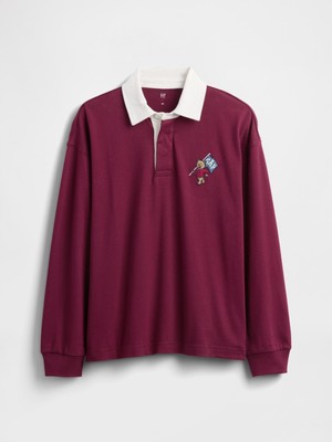 Gap Erkek Çocuk Bordo Uzun Kol Rugby Polo T-Shirt Nefes Alan Kumaş ve Baskılı Desen ile Şık
