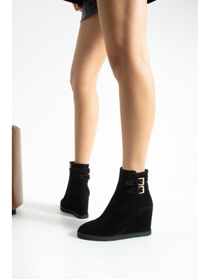 Follini Kadın Hakiki Deri Dolgu Topuk Bot Siyah Süet
