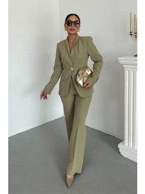 Spirituel Kadın Ikili Takım Şık Düğme Detaylı Dik Yaka Blazer Ceket Bol Paça Pantolon Takım