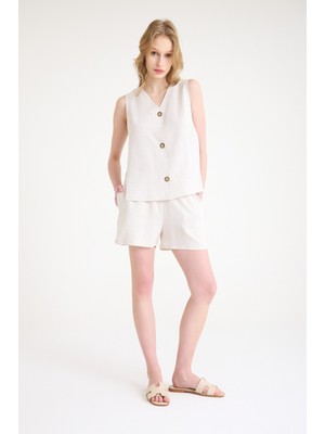 Keten Yazlık Dekolteli Kolsuz Bluz Şort Ikili Takım