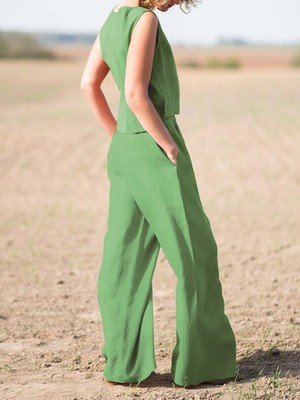 Keten Günlük Rahat  Kolsuz  Alt Üst Kadın Takım