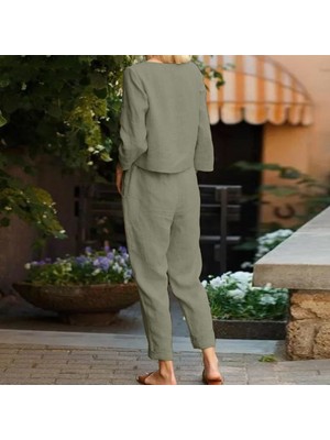 Keten Günlük Rahat Beli Kemerli Kadın Ikili Takım Alt Üst