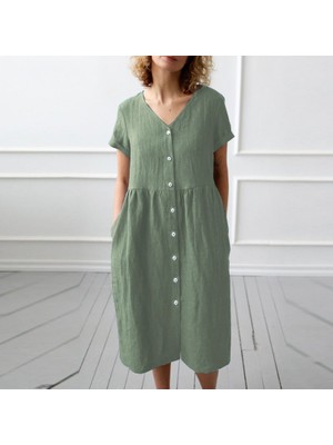 Keten Günlük Yazlık V Yaka Kısa Kol Düğme Detaylı Kadın Elbise