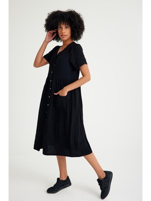 Keten Günlük Rahat V Yaka Beli Büzgü Detaylı Düğmeli Elbise