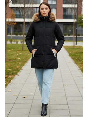 Kışlık Tasarım Suni Kürk Yaka Siyah Kadın Mont