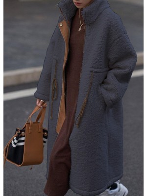 Peluş Beli Bağcıklı Kışlık Kadın Fermuarlı Tüylü Ceket