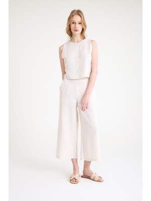 Keten Yazlık Yüksel Bel Capri Pantolon Sırt Detaylı Kolsuz Ikili Takım