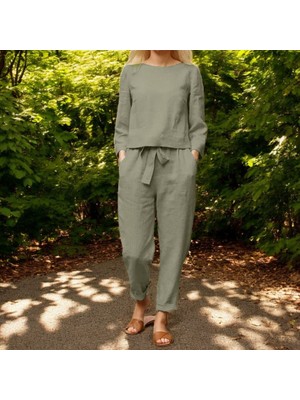 Kemerli Kadın Ikili Takım Alt Üst Keten Günlük Rahat Beli