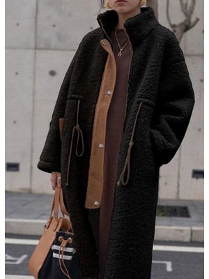 Peluş Beli Bağcıklı Kışlık Kadın Fermuarlı Tüylü Ceket