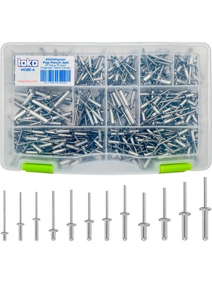 Toko Hobi-4 Alüminyum Pop Perçin Seti 411 Parça 13 Çeşit Organizer Takım Çantalı