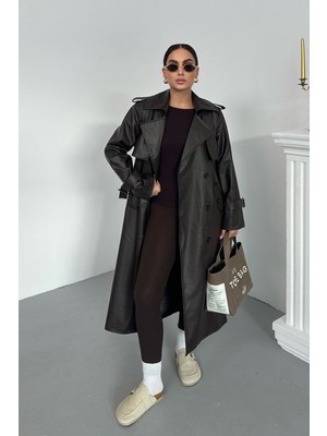 Spirituel Kadın Trençkot Uzun Suni Deri Kemerli Düğmeli Cepli Yırtmaçlı Kruvaze Yaka Trençkot