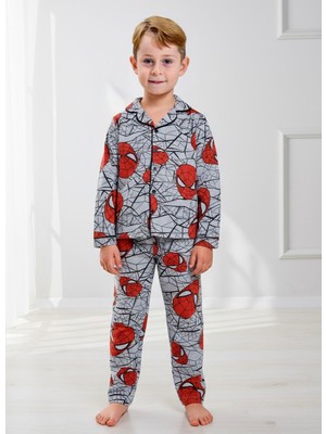 Pistyle Erkek Çocuk Örümcek Desenli Düğmeli Alt Üst Pijama Takımı