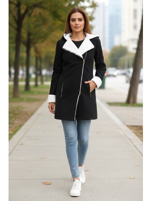 Günlük Kışlık Kaşe Kadın Siyah Kaban