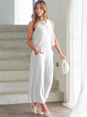 Keten Yazlık Yüksel Bel Capri Pantolon Sırt Detaylı Kolsuz Ikili Takım