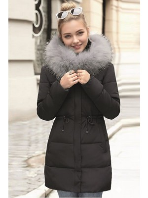 Kışlık Orta Boy Kürklü Kapüşonlu Su Geçirmez Kadın Şişme Mont