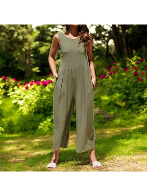 Salaş Kadın Tulum Keten Yazlık Günlük Sırt Dekolteli