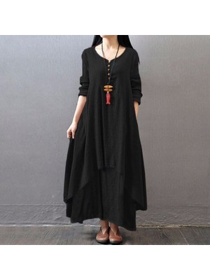 Keten Günlük Yazlık Salaş Kadın Iki Katlı  Elbise