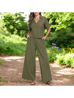 Yazlık Rahat V Yaka Keten Takım