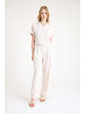 Keten Zarif Kadin T-Shirt ve Uzun Pantolon Alt Üst Ikili Takım V Yaka Kısa Kollu Salaş Rahat Elbise