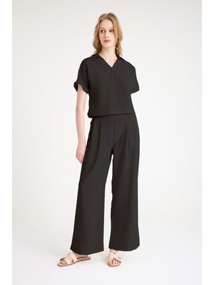 Yazlık Şık V Yaka Keten Siyah Takım