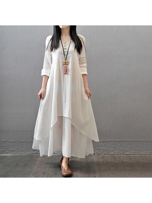 Günlük Yazlık Salaş Kadın Ekru Iki Katlı Elbise