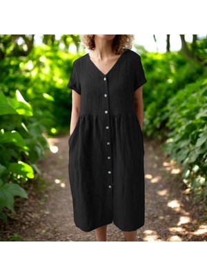 Yazlık V Yaka Kısa Kol Keten Elbise