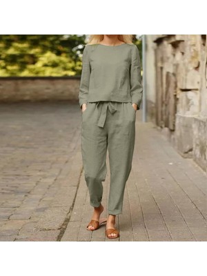 Rahat Beli Kemerli Kadın Ikili Takım Alt Üst Keten Günlük