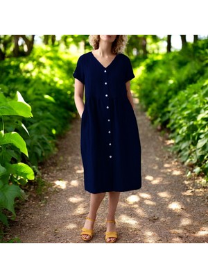 Yazlık Kısa Kol V Yaka Keten Elbise