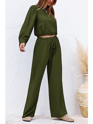 Keten Yazlık Yüksek Bel Pantolon Bluz Ikili Takım Alt Üst