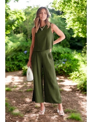 Yazlık Sırt Detaylı Keten Takım