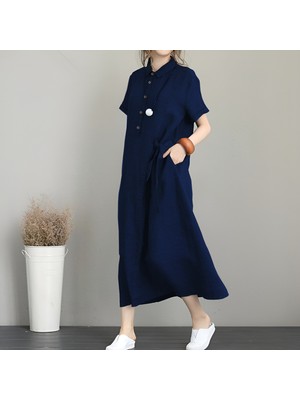 Keten Günlük Kısa Kol Tam Boy Yazlık Salaş Kadın Elbise