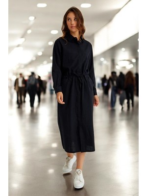 Yazlık Şık Beli Bağcık Detaylı Keten Elbise