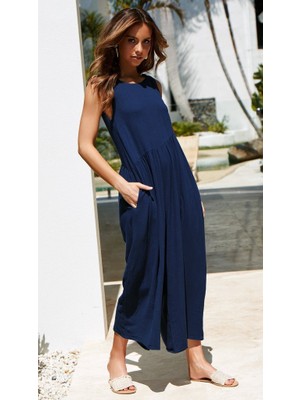 Keten Yazlık Günlük Sırt Dekolteli Salaş Kadın Tulum