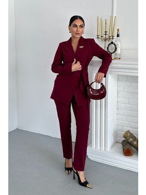 Spirituel Kadın Ikili Alt Üst Takım Şık Kuşaklı Drapeli Broş Detaylı Blazer Ceket Boru Paça Pantolon Takım