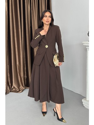 Spirituel Kadın Ikili Takım Şık Düğme Detaylı Dik Yaka Blazer Ceket Uzun Etek Takım