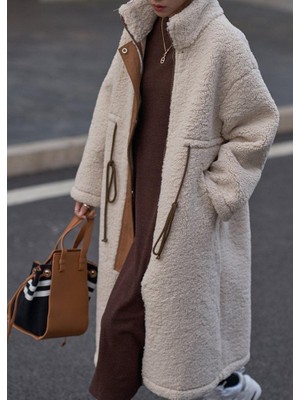 Peluş Beli Bağcık Detaylı Kışlık Tarz Kadın Fermuarlı Tüylü Ceket