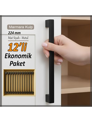 Glaswen 12 Adet Marmara Kulp 224 mm Siyah Mutfak Kulpu Çekmece Dolap Kapak Kulbu Metal Mobilya Dolabı Kulp