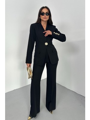 Spirituel Kadın Ikili Takım Şık Düğme Detaylı Dik Yaka Blazer Ceket Bol Paça Pantolon Takım