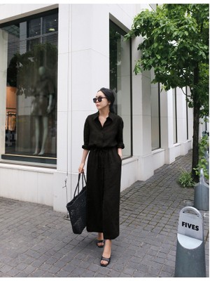 Keten Günlük Rahat Beli Bağcık Detaylı Uzun Kol Elbise