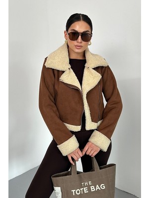 Spirituel Kadın Süet Mont Kısa Içi Kürklü Kruvaze Fermuarlı Cepli Ceket