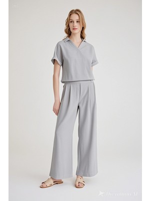 Keten Zarif Kadin T-Shirt ve Uzun Pantolon Alt Üst Ikili Takım V Yaka Kısa Kollu Salaş Rahat Gri Elbise