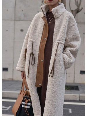 Peluş Beli Bağcıklı Kışlık Kadın Fermuarlı  Tüylü Ceket