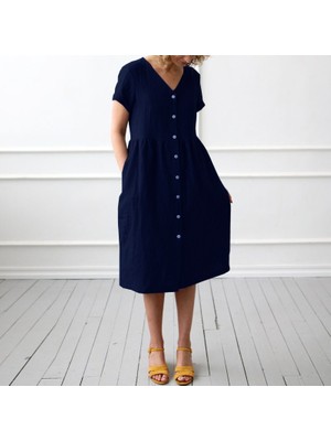 Keten Günlük Yazlık V Yaka Kısa Kol Düğme Detaylı Kadın Elbise