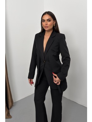 Spirituel Kadın Ikili Alt Üst Takım Şık Çift Katlı Düğmeli Blazer Ceket Bol Paça Pantolon Takım